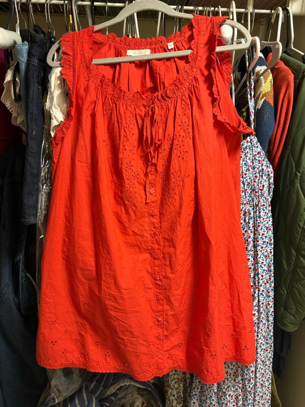 Doen Bright Orange Ruffle-Trim Button-Front Chemise - Picture 4 of 5